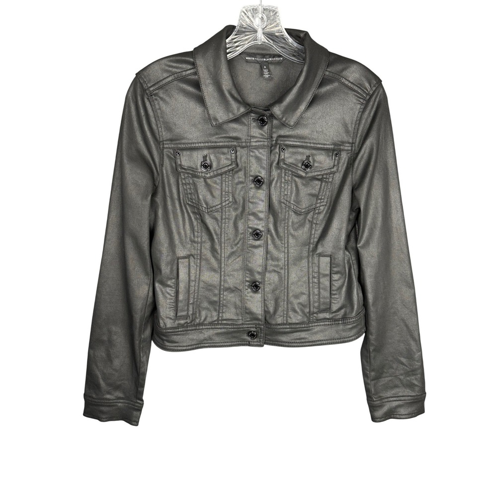 White House Black Market Womens Coated Metallic Denim Jacket Black Size 6 - Picture 3 of 11